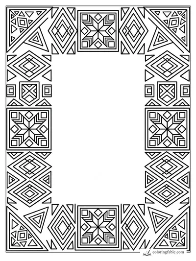 Geometric coloring page with a blank center, diamond borders, triangle corners, and star-pattern squares.
