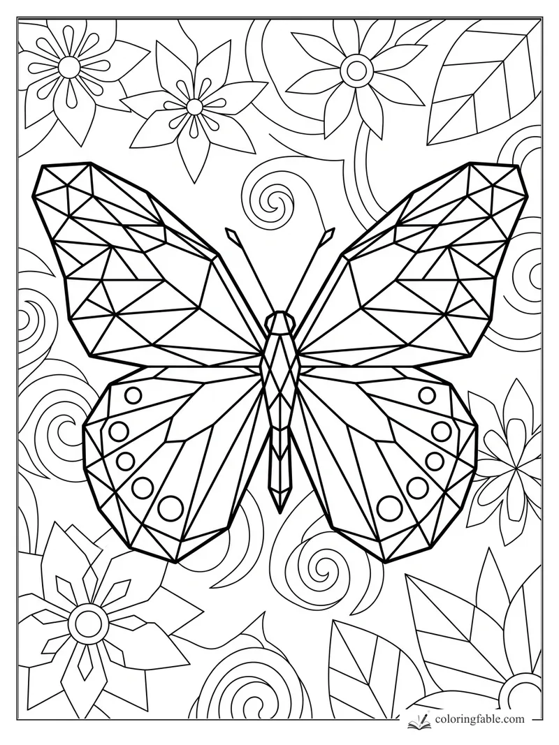 Intricate geometric butterfly with faceted wings, spiral vines, flowers, and angular leaves to color