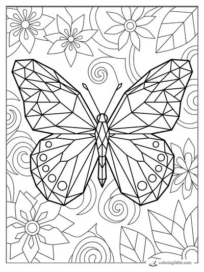 Intricate geometric butterfly with faceted wings, spiral vines, flowers, and angular leaves to color