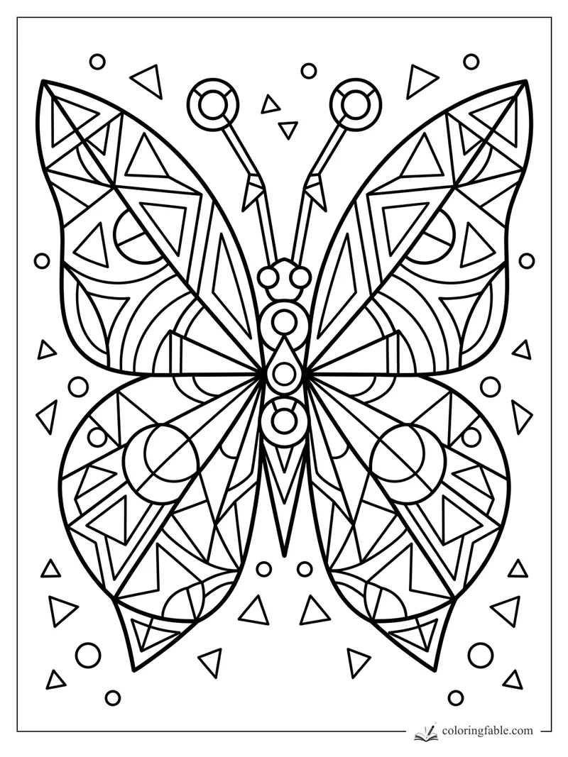 Geometric butterfly coloring page with triangle wing patterns, circle antennae, and floating shapes