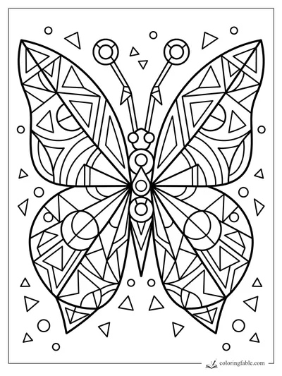 Geometric butterfly coloring page with triangle wing patterns, circle antennae, and floating shapes