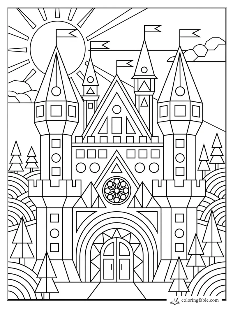 Geometric castle coloring page with tall flag towers, arched gate, rose window, pine trees, and sunburst sky