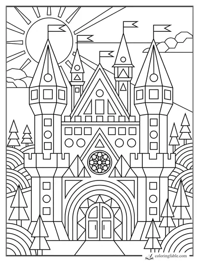 Geometric castle coloring page with tall flag towers, arched gate, rose window, pine trees, and sunburst sky