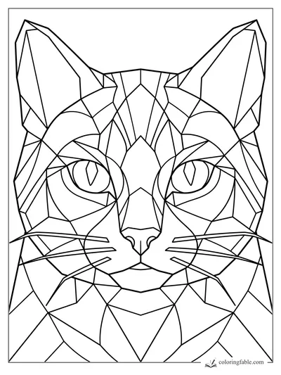 Intricate geometric cat face coloring page with pointed ears, almond eyes, and angular whiskers