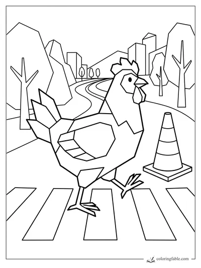 Geometric chicken stepping across a striped crosswalk with a traffic cone, angular trees, and city buildings