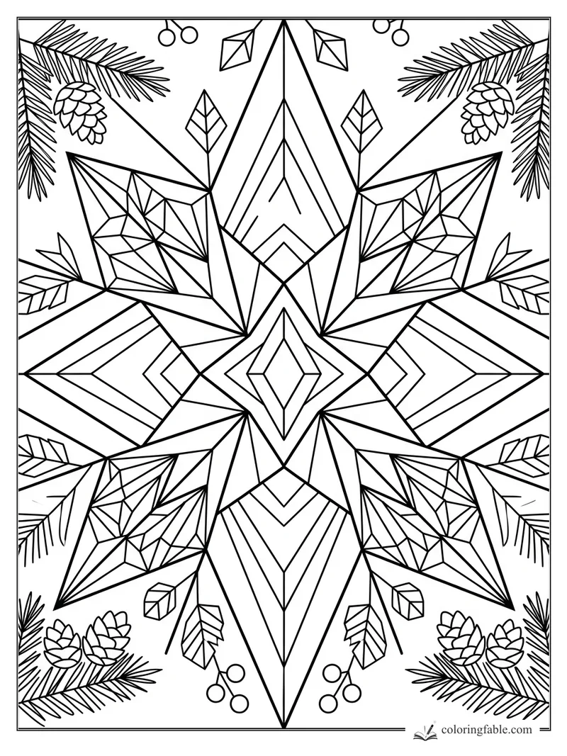Intricate geometric Christmas star with pine branches, pinecones, berries, leaves, and crystal shapes.