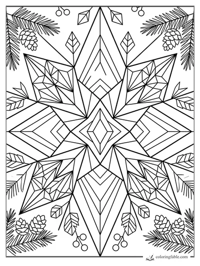 Intricate geometric Christmas star with pine branches, pinecones, berries, leaves, and crystal shapes.