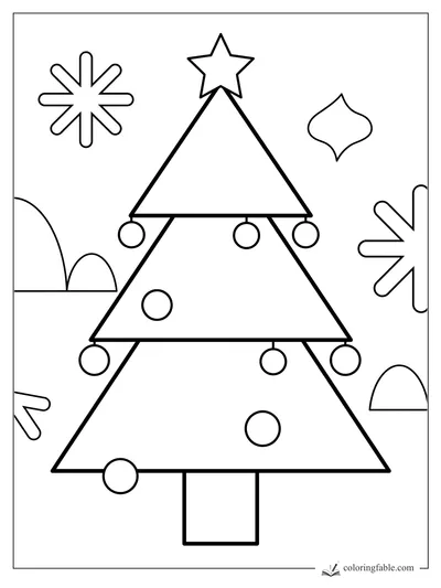 Geometric Christmas tree coloring page with triangle branches, star topper, round ornaments, and snowflake shapes