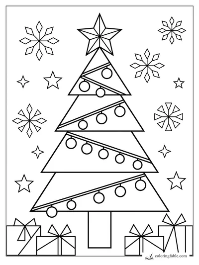 Geometric Christmas tree coloring page with a large star, round ornaments, snowflakes, and wrapped presents.