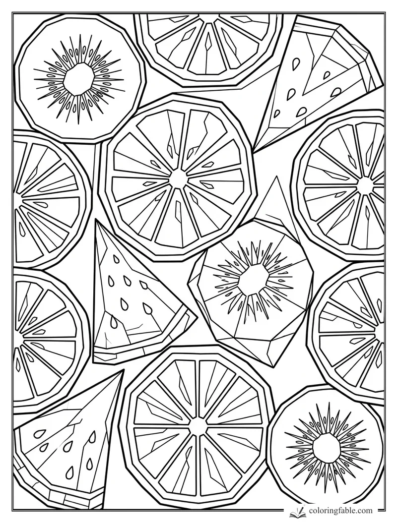 Intricate geometric fruit pattern with citrus wheels, kiwi halves, and watermelon wedges