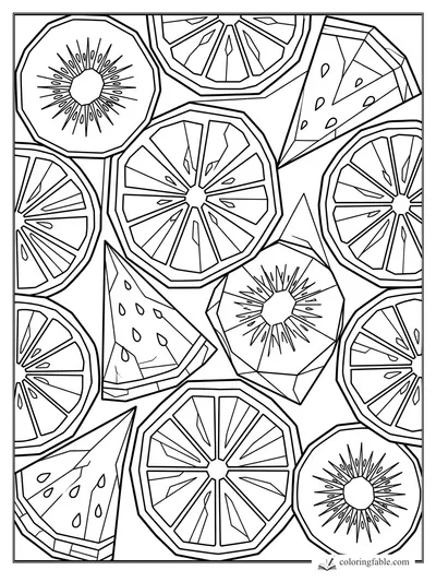 Intricate geometric fruit pattern with citrus wheels, kiwi halves, and watermelon wedges