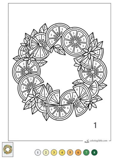 Geometric Citrus Wreath with Leaves and Blossoms — color by number