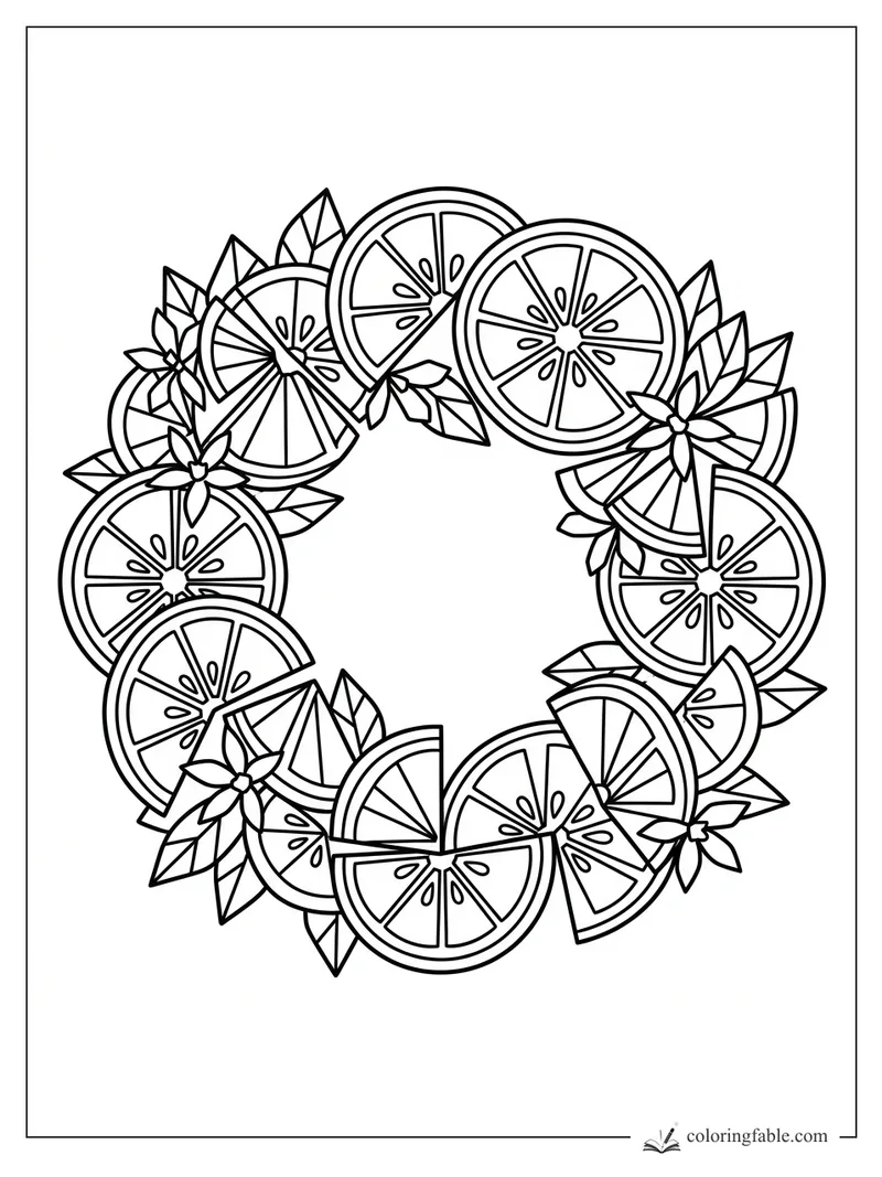 Intricate geometric citrus wreath coloring page with orange slices, leaves, and small blossoms
