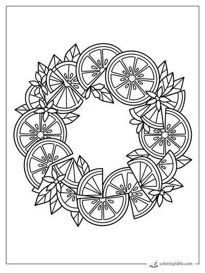 Intricate geometric citrus wreath coloring page with orange slices, leaves, and small blossoms