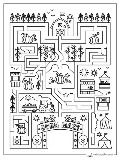 Geometric fall corn maze with pumpkins, barn, tractor, ticket booth, food stand, tents, and corn rows.