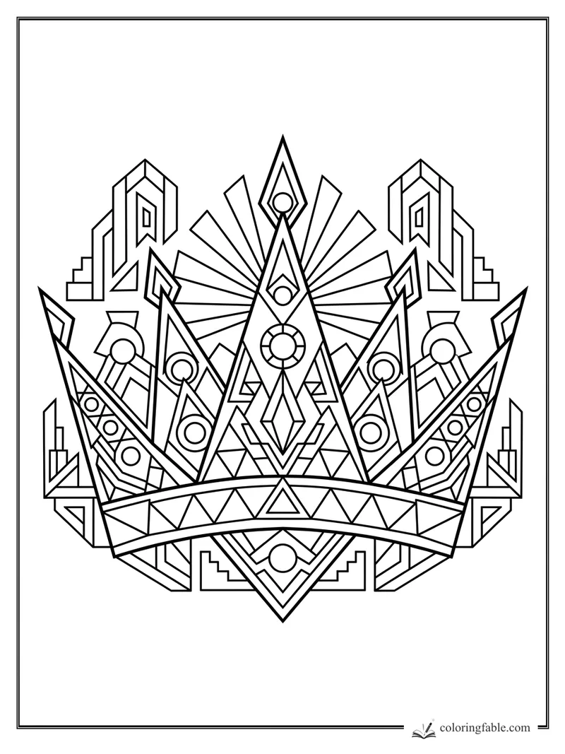 Intricate geometric princess crown with triangular spires, circles, diamonds, and sunburst rays