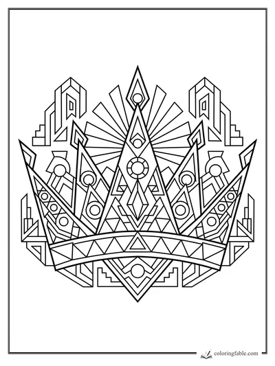Intricate geometric princess crown with triangular spires, circles, diamonds, and sunburst rays