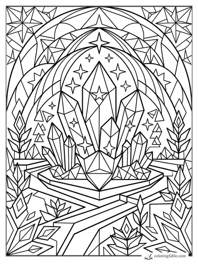 Intricate geometric coloring page with crystal cluster, star arches, faceted leaves, and angular paths.