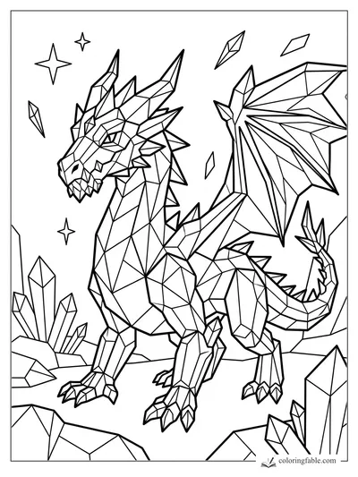 Geometric dragon with horns, one wing raised, crystal clusters, floating gems, and stars