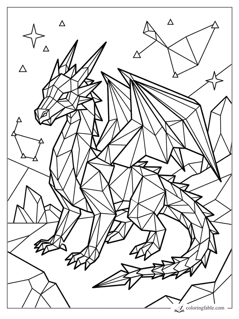 Intricate geometric dragon with crystal horns, folded wings, rocky peaks, stars, and constellations