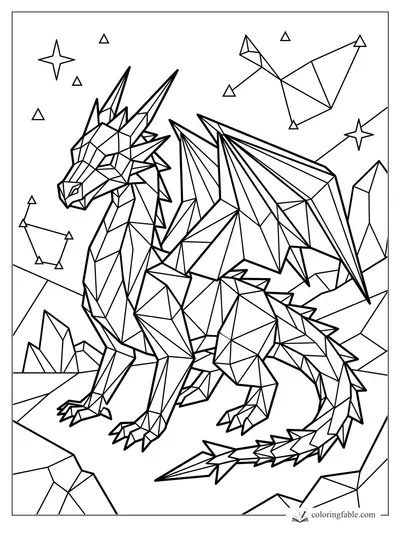 Intricate geometric dragon with crystal horns, folded wings, rocky peaks, stars, and constellations
