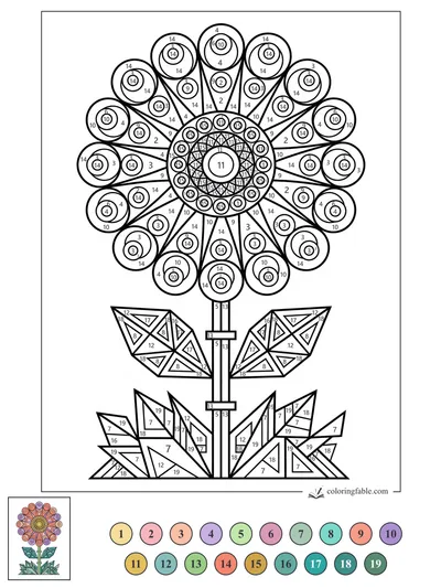 Geometric Daisy with Circle Petals and Crystal Leaves — color by number