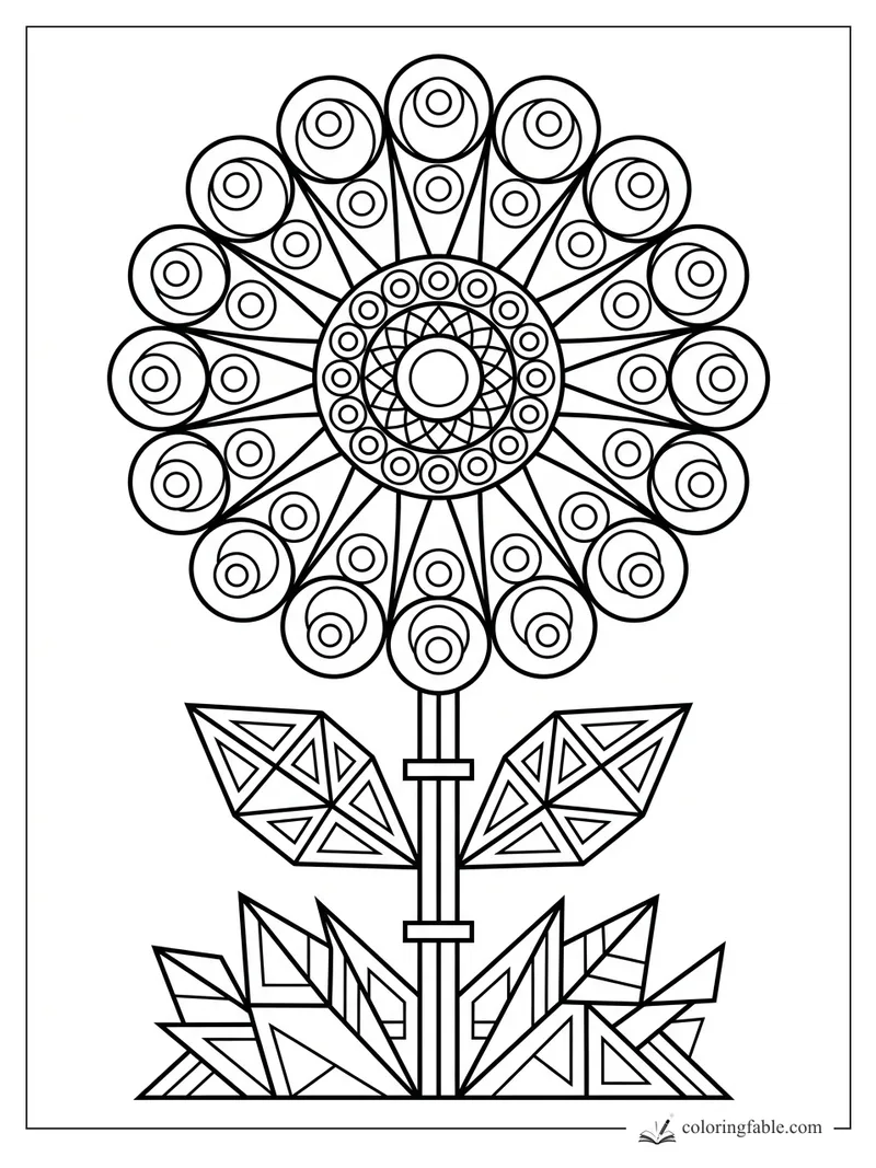 Geometric daisy coloring page with ringed circle petals, triangular leaves, and a patterned center
