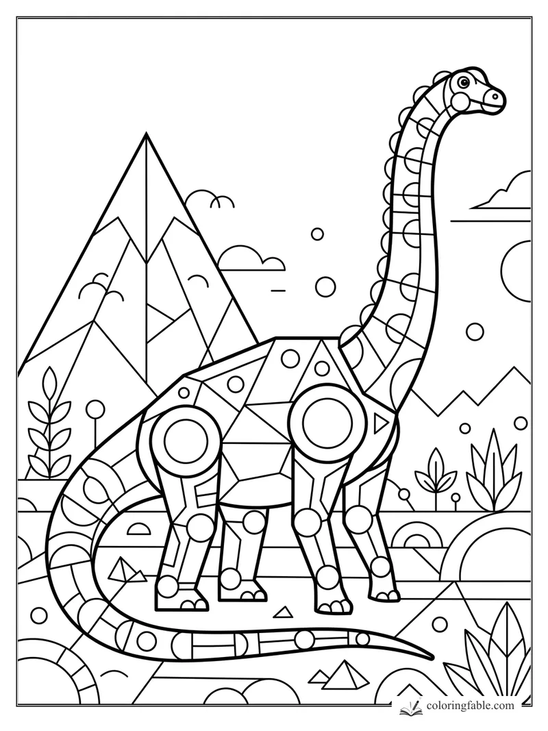 Geometric diplodocus with patterned plates, circle joints, sharp mountains, clouds, sun, and desert plants