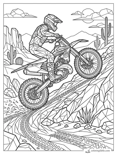 Geometric dirt bike rider climbing a rocky desert trail with cacti, tire tracks, mountains, and angular clouds
