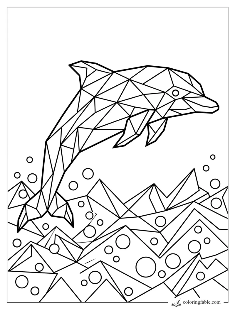 Geometric dolphin jumping above angular ocean waves and round bubbles