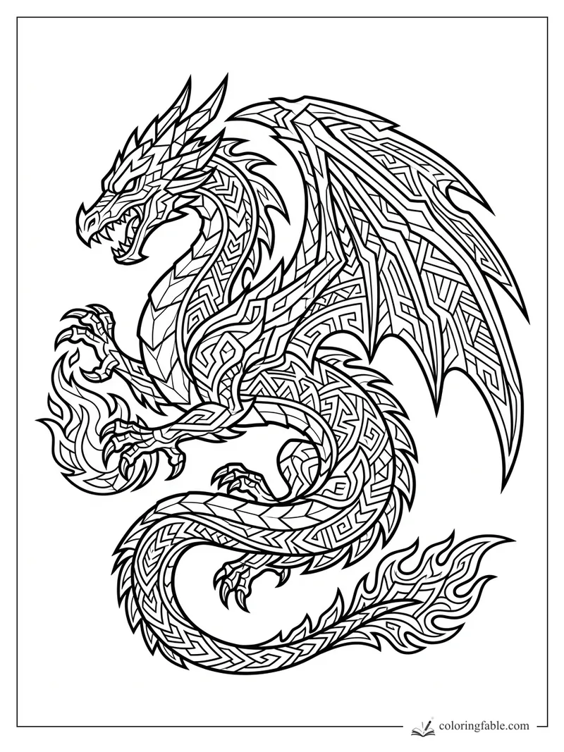 Intricate geometric dragon with open jaws, raised claws, patterned wings, and a flame-shaped tail