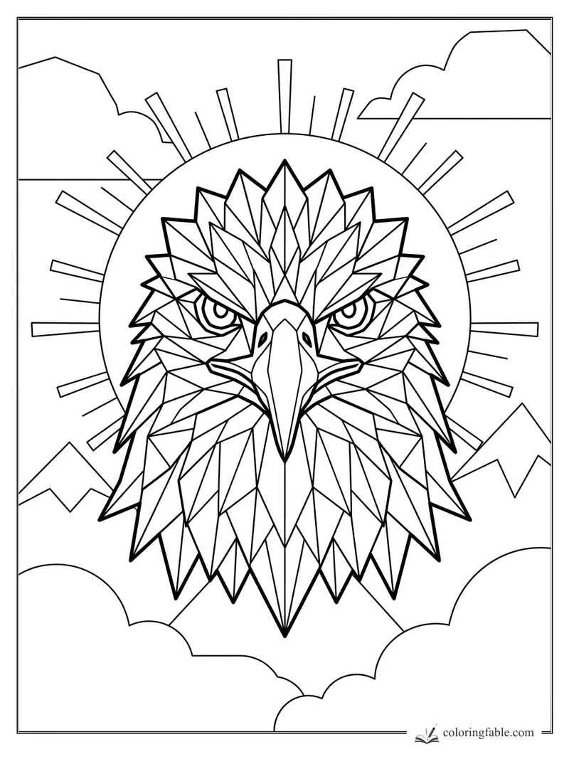 Geometric eagle head with sharp feather facets, sunburst rays, clouds, and mountain peaks coloring page