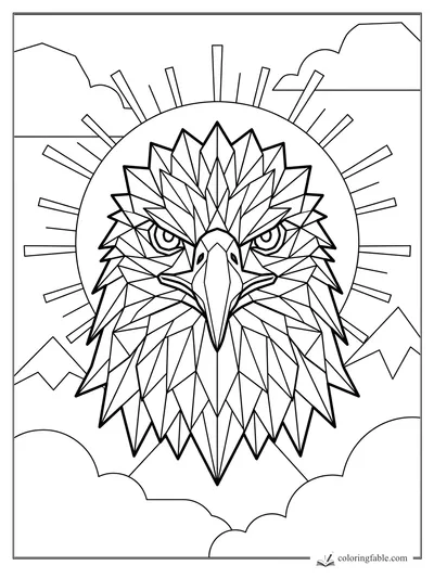 Geometric eagle head with sharp feather facets, sunburst rays, clouds, and mountain peaks coloring page