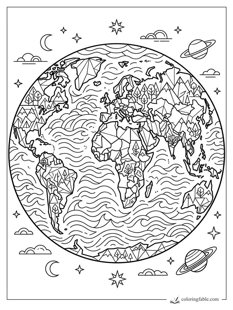 Geometric Earth map coloring page with continents, waves, mountains, stars, moons, and ringed planets.