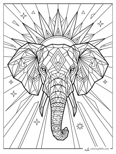 Intricate geometric elephant head with faceted ears, long tusks, sunburst rays, stars, triangles, and diamonds.