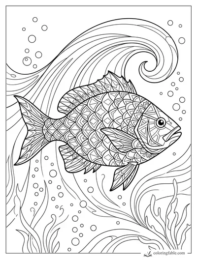 Intricate geometric fish with patterned scales swimming through curling waves, bubbles, and seaweed.