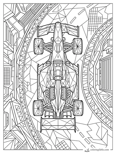 Intricate geometric Formula race car seen from above on a city track with bridges and angular buildings