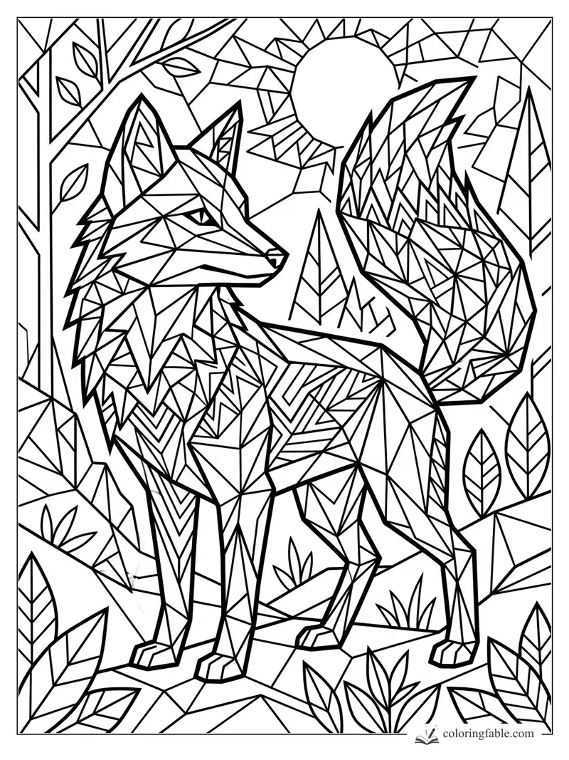Intricate geometric fox with faceted tail, leaves, trees, and round sun in a forest coloring page