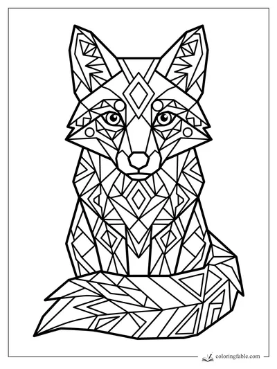 Geometric fox coloring page with pointed ears, bright eyes, diamond chest marks, and a patterned tail