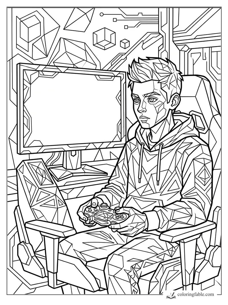 Intricate geometric boy holding a game controller at a blank monitor in a futuristic gaming chair.