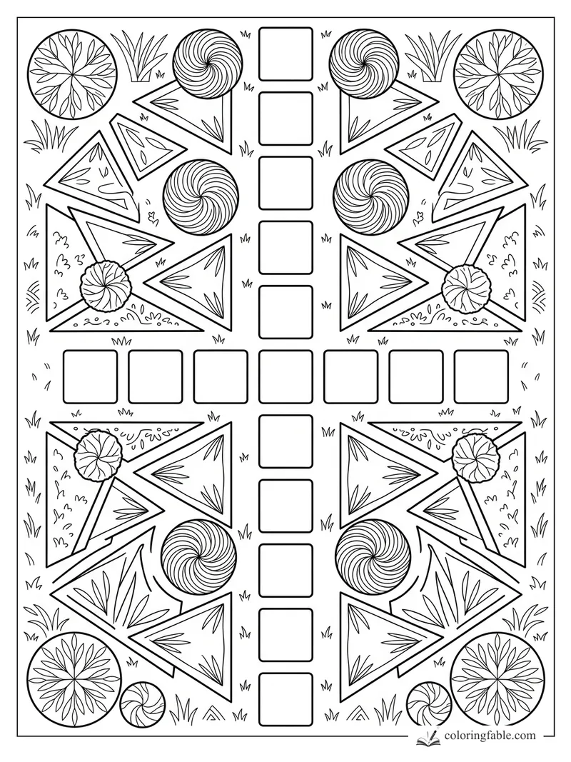 Geometric garden coloring page with square path, triangle beds, spiral shrubs, and round flower designs
