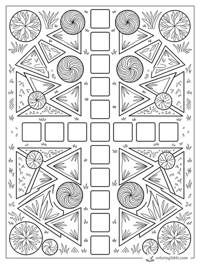 Geometric garden coloring page with square path, triangle beds, spiral shrubs, and round flower designs
