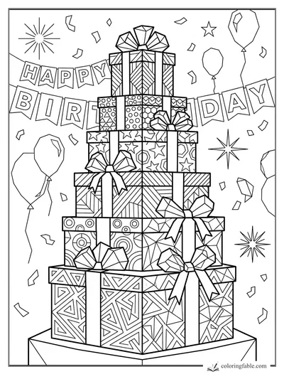 Intricate geometric birthday gift tower with bows, balloons, confetti, and Happy Birthday banner