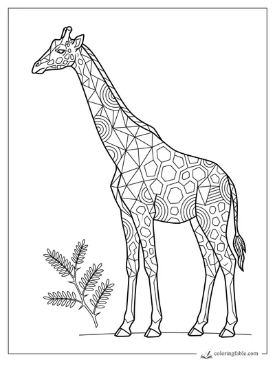 Intricate geometric giraffe coloring page with triangle patterns, hexagon spots, circles, and acacia leaves.