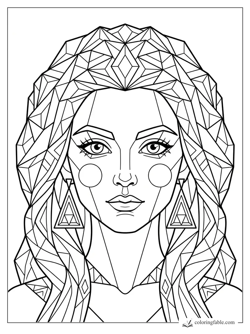 Intricate geometric girl portrait with faceted braids, triangle earrings, round cheeks, and jewel-like hair patterns.