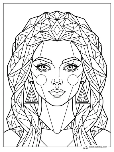 Intricate geometric girl portrait with faceted braids, triangle earrings, round cheeks, and jewel-like hair patterns.