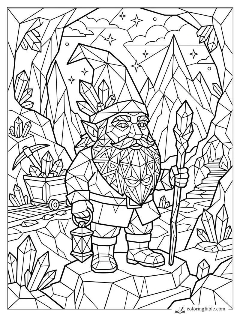 Geometric gnome holding a lantern and crystal staff inside a cavern with mine cart, stairs, stars, and gems