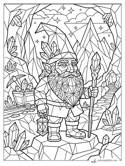 Geometric gnome holding a lantern and crystal staff inside a cavern with mine cart, stairs, stars, and gems