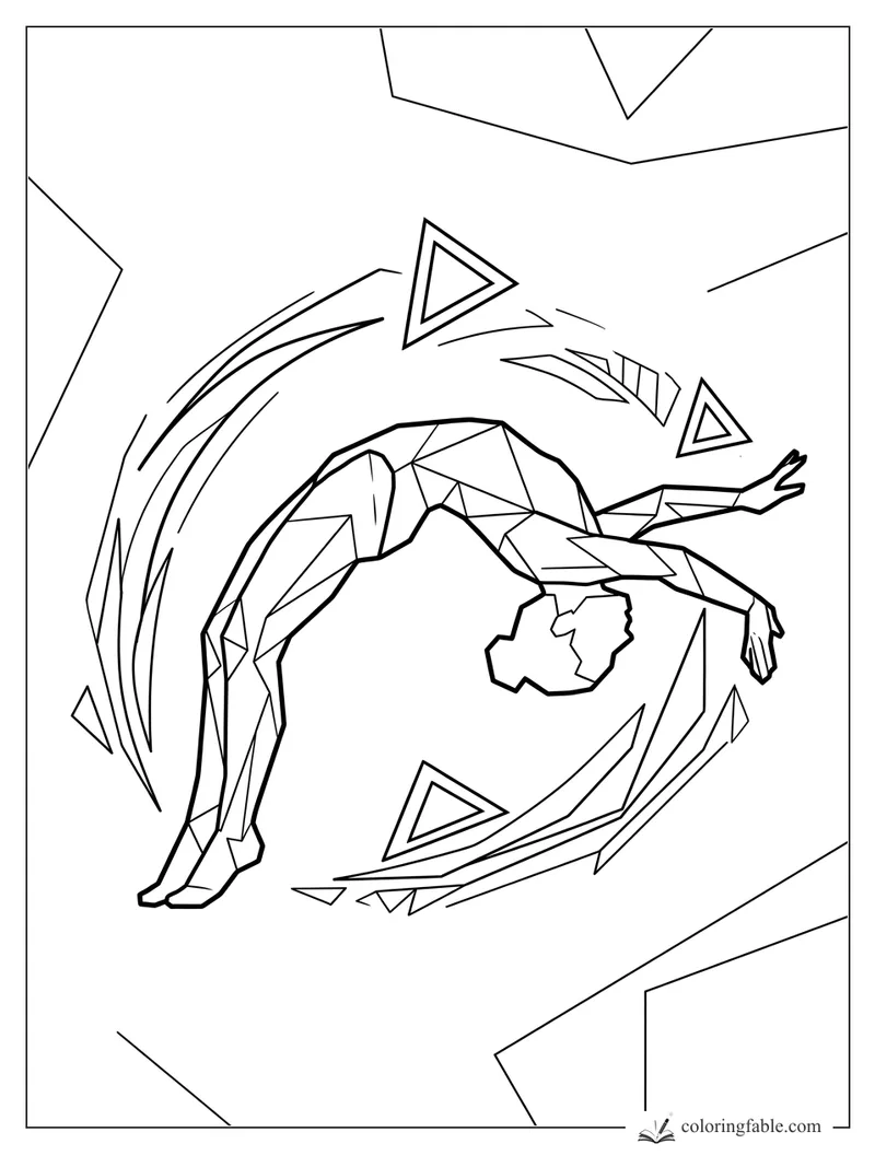 Geometric gymnast arched backward inside sweeping motion lines and triangle shapes