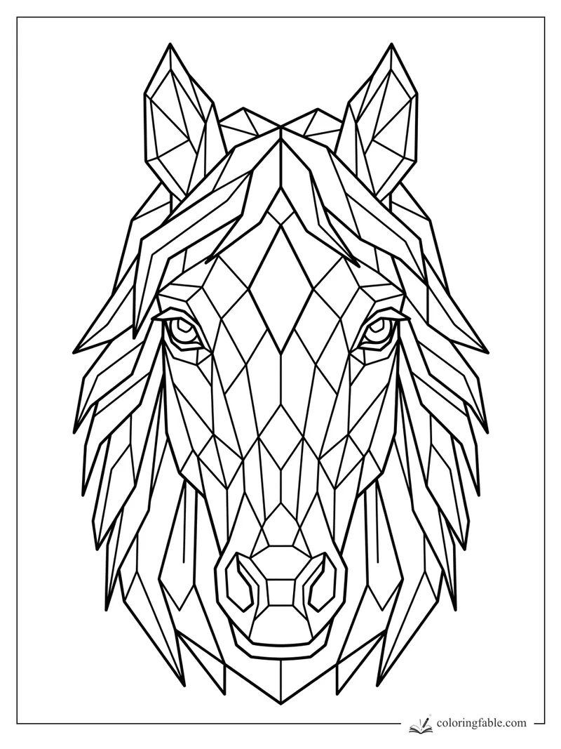 Geometric horse head coloring page with pointed ears, calm eyes, and angular mane sections